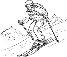 Skiing. Skier skiing in mountains. Vector illustration of skier.