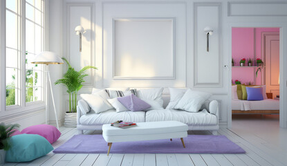 Bright and airy living room with chic decor and a pop of pink color.