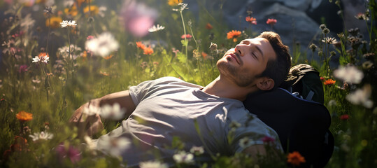 A happy man lying on his back on the green grass among many flowers in a meadow. Blissful relaxation time outside in the nature. - 743584501