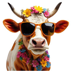 cow, wearing shades sunglass eyeglass isolated. Generative AI
