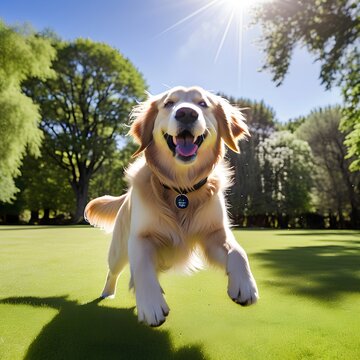 A golden retriever dog playing and jumping in the air in a green sunny park image stock photo