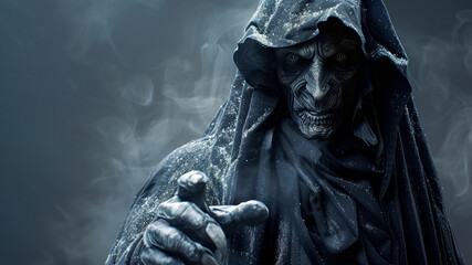 Obraz premium Ghost of Christmas yet to come from dickens Christmas carol, angel of death or the grim reaper apparition in a foggy atmosphere with copy space