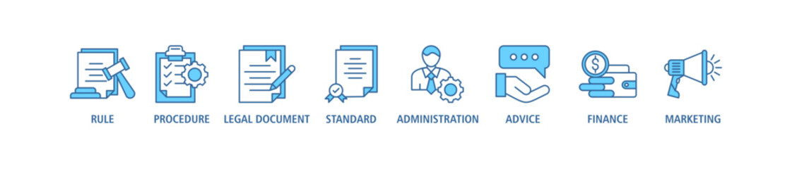Guideline banner web icon set vector illustration concept with icon of rule, procedure, legal document, standard, administration, advice, finance, marketing