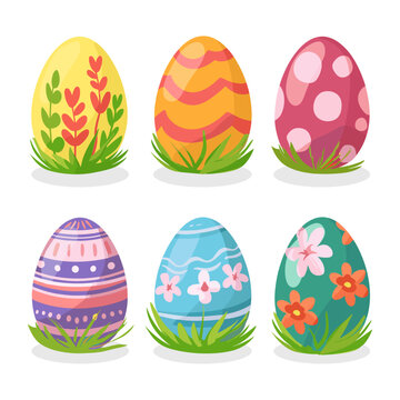 Set of Easter eggs with grass and flowers. Vector illustration.