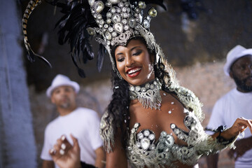 Carnival, samba and woman as dancer in Rio de Janeiro, joy and performance for crowd with energy....