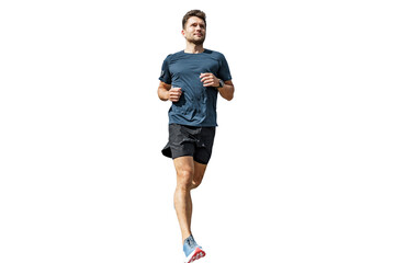 Sports runner man in T-shirt and shorts sportswear jogging fitness workout. Isolated transparent...