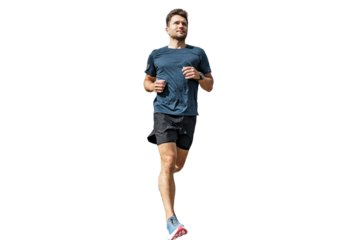 Sports runner man in T-shirt and shorts sportswear jogging fitness workout. Isolated transparent background.