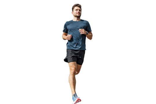 Sports runner man in T-shirt and shorts sportswear jogging fitness workout. Isolated transparent background.