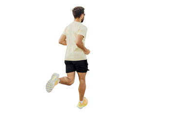 Male runner in T-shirt and shorts jogging fitness workout. Isolated transparent background.