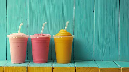 Side view of summer drink, colored smoothies on blue wooden background - obrazy, fototapety, plakaty