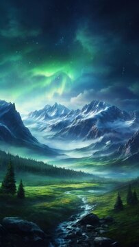 Beautiful View of Misty Aurora Night Mountain Forest Landscape Wallpaper Illustration