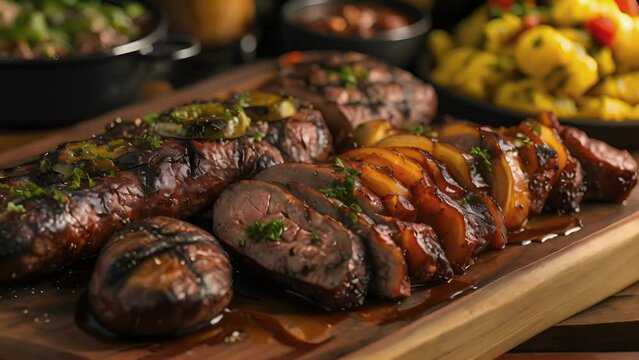 A celebration of flavors and textures with a churrasco feast featuring a variety of meats from y jalape&Atilde;&plusmn;o sausage to tender chunks of grilled pork tenderloin all served with