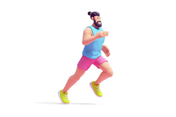 Full length of a young cute smiling bearded brunette man wears pink shorts, blue tank top, green sneakers running and having fun. Self-care, healthy lifestyle, wellness. 3d render isolated transparent