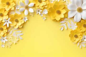 Spring, summer yellow background with cut paper style flowers and place for text. card with flowers decoration.
