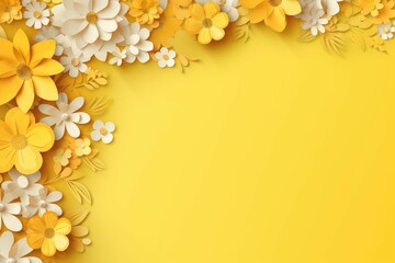 Fototapeta na wymiar Spring, summer yellow background with cut paper style flowers and place for text. card with flowers decoration.