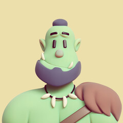 Portrait of cool cute kawaii bearded cheerful green orc, smiling face, necklace with fangs on neck, fur on one shoulder. Fairytale friendly giant warrior, happy expression. 3d render on beige backdrop