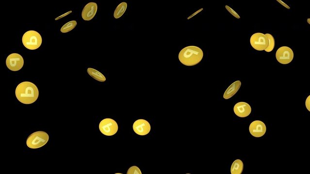 Pポイントマークの付いた、たくさんの金色のコインが上から降ってくるアルファチャンネル付き背景素材Alpha channel background with lots of golden coins with P point symbols falling from above CG