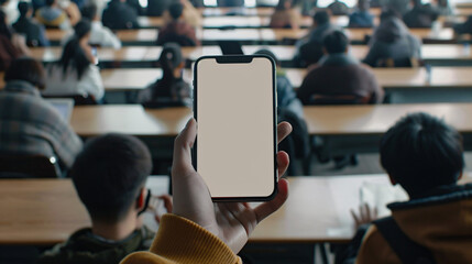 Student teacher hand holding isolated smartphone device in the classroom at high school university with blank empty white screen, communication education technology concept