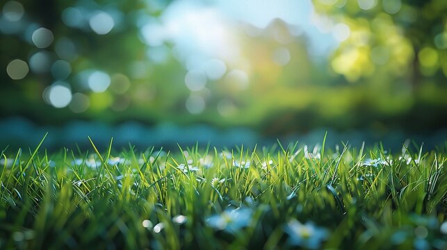 nature background with sunny spring meadow blur background blue sky to green grass
