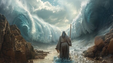 Biblical miracle: back view of moses dividing the sea with his stick, giant walls made of water waving, depicting a powerful christian symbol of divine intervention and faith from the old testament.