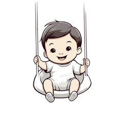Cute little baby boy swinging on a swing isolated on white background