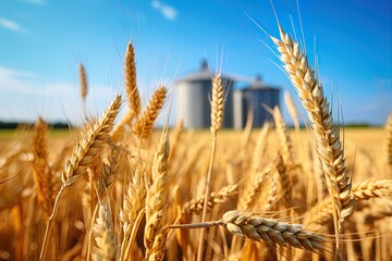 Fototapeta premium Wheat field and grain silos in background. Ai Generative