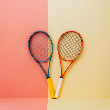 Tennis racket and ball on blue and pink background. Minimal style. 
MINIMAL photo, Tennis rackets, a padel background for a voucher certificate