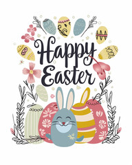 Obraz premium Happy Easter greeting card with flowers and lettering. Vector illustration.