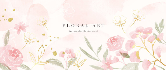 Fototapeta premium Spring floral art background vector illustration. Watercolor hand painted botanical flower, leaves, insect, butterflies. Design for wallpaper, poster, banner, card, print, web and packaging.