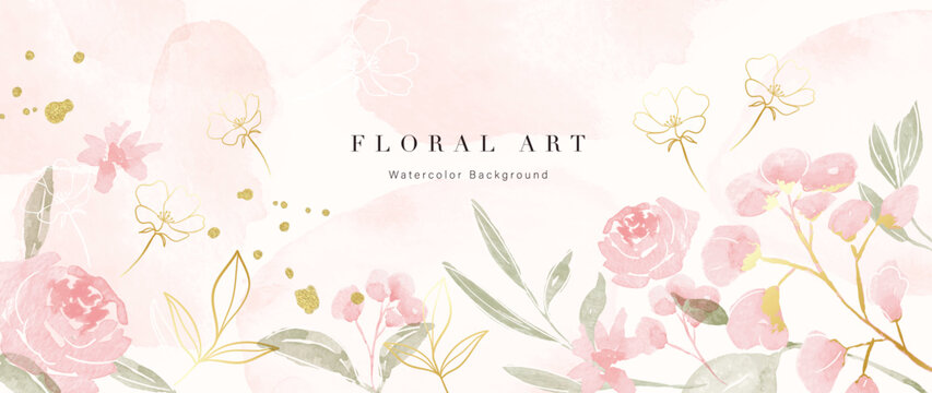 Spring floral art background vector illustration. Watercolor hand painted botanical flower, leaves, insect, butterflies. Design for wallpaper, poster, banner, card, print, web and packaging.