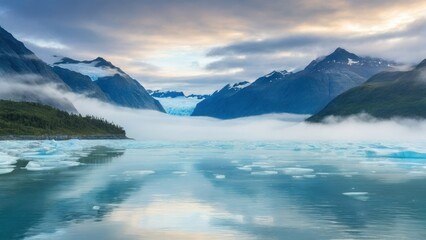 Fototapeta na wymiar Morning fog on Glacier Inside Passage