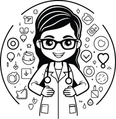 cute doctor woman with stethoscope and icons vector illustration design