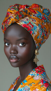 African fabric photo realistic studio beauty portrait, close up, fashion