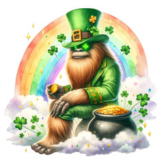 St. Patrick's Day Celebration Cartoon Bigfoot Characters: A collection of four whimsical Bigfoot characters celebrating St. Patrick's Day with clovers, stones, and festive attire. - obrazy, fototapety, plakaty