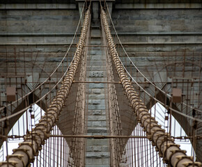 Central part of the Brooklyn Suspension Bridge linking the boroughs of Manhattan and Brooklyn in...