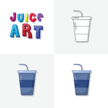 Juice art sketch, colouring page, flat and realistic juice fast food illustration for kids
