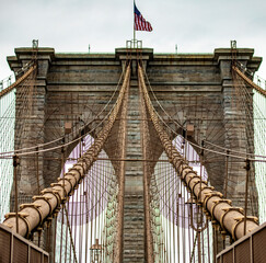 The incredible Brooklyn Suspension Bridge linking the boroughs of Manhattan and Brooklyn in New York City (USA), the largest suspension bridge in the world until 1889.