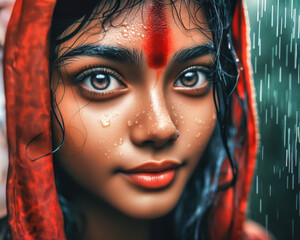 beautiful Iranian woman with green eyes and red scarf walking in the rain
