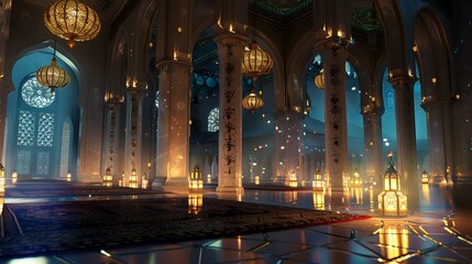 3D rendering of mosque interior with lanterns on the floor.