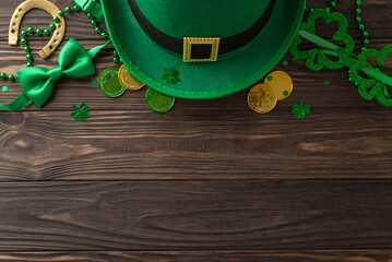 Enchanting St. Patrick's day top view composition, displaying clovers, elf's cap, treasure coins,...