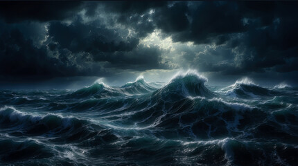Stormy sea at night. Heavy sea. A strong storm with big waves in the ocean. Night thunderstorm. Generative AI.