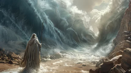 Fotobehang Biblical miracle: back view of moses dividing the sea with his stick, giant walls made of water waving, depicting a powerful christian symbol of divine intervention and faith from the old testament. © Alla