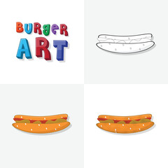 Hamburger art sketch, colouring page, flat and realistic burger fast food illustration for kids