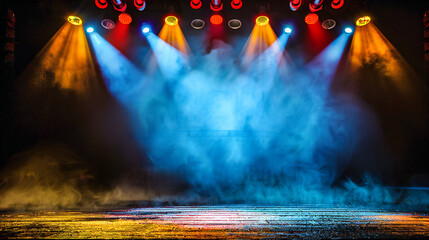 Concert Stage with Blue Disco Lights, Night of Entertainment with Bright Spotlights and Smoke...