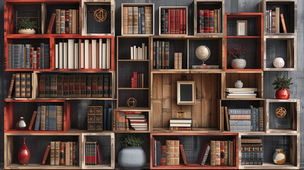 Contemporary modular bookshelf with customizable configurations and versatility on transparent background. 