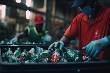 Employees worker hands in gloves sorting plastic bottles and glasses on recycling conveyor - obrazy, fototapety, plakaty