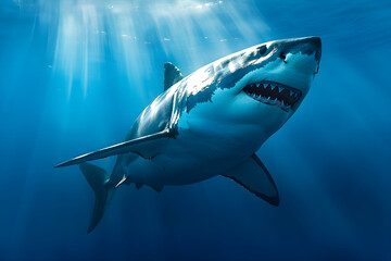 Weißer Hai im tiefblauen Meer, Unterwasserfotografie, erstellt mit generativer KI
