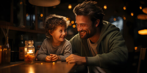 Cheerful Father and Son, Playing, Laughing and Enjoying Father-Son Moments - obrazy, fototapety, plakaty