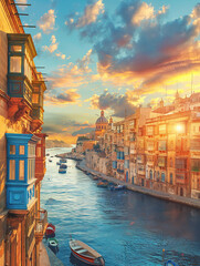Valletta city in Malta, colorful balconies, linear perspective, golden hour