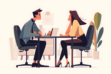 Frau und Mann in einer Besprechung, Bewerbungsgespräch, Jobinterview, Illustration, erstellt ,it generativer KI